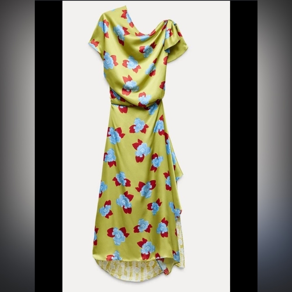 ISO Zara One Shoulder Silk Green Floral Dress